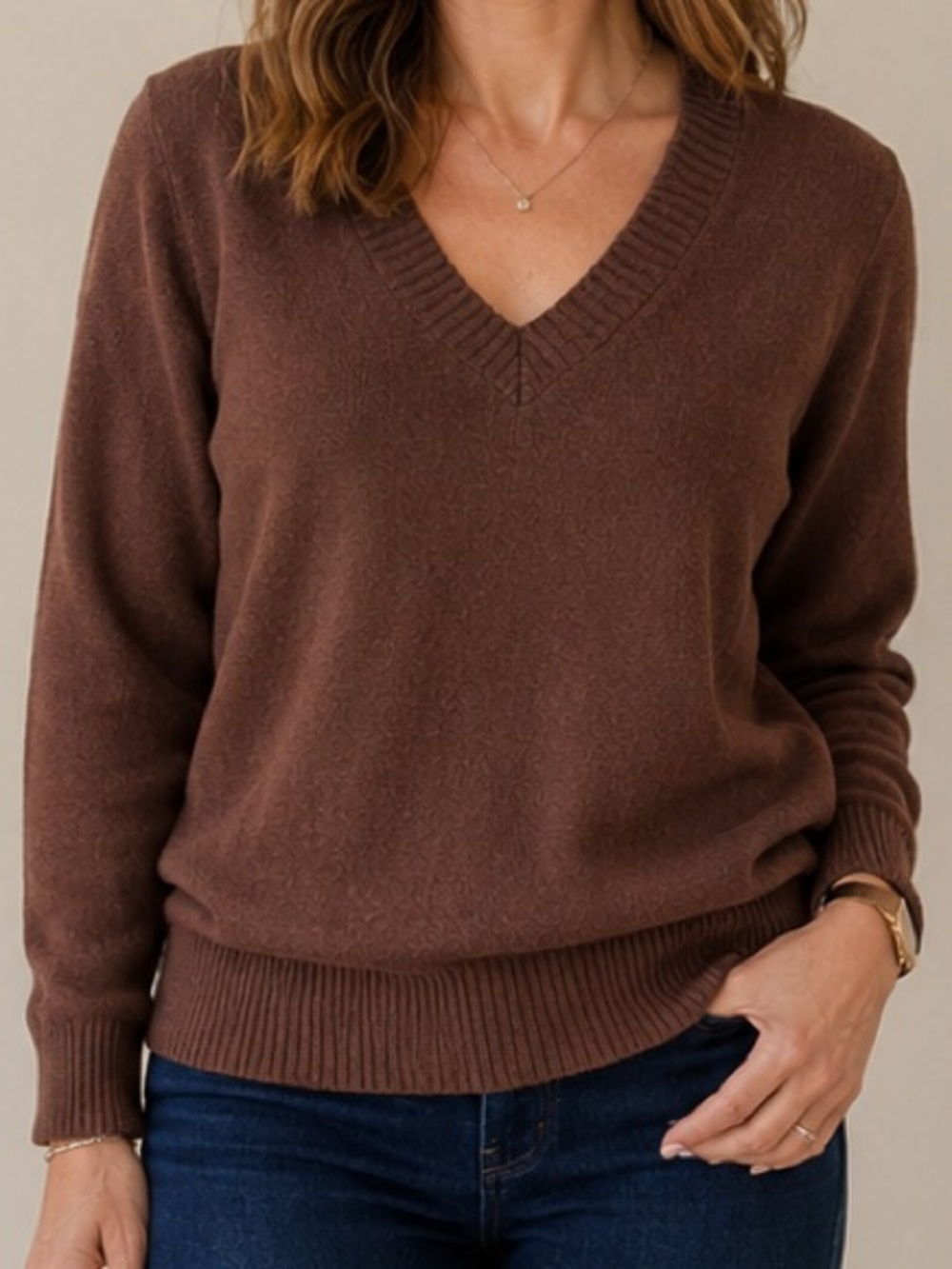 L’ADORE Chocolate Brown V-Neck Tunic Sweater Size S/M